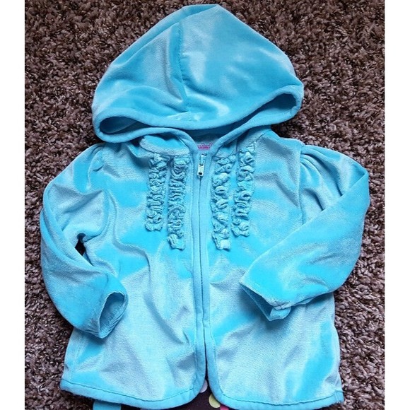 Girl's Size 6-9 M Months 3 Piece Blue Velour Hooded Jacket, Owl Top & Dot Pants - Picture 3 of 9